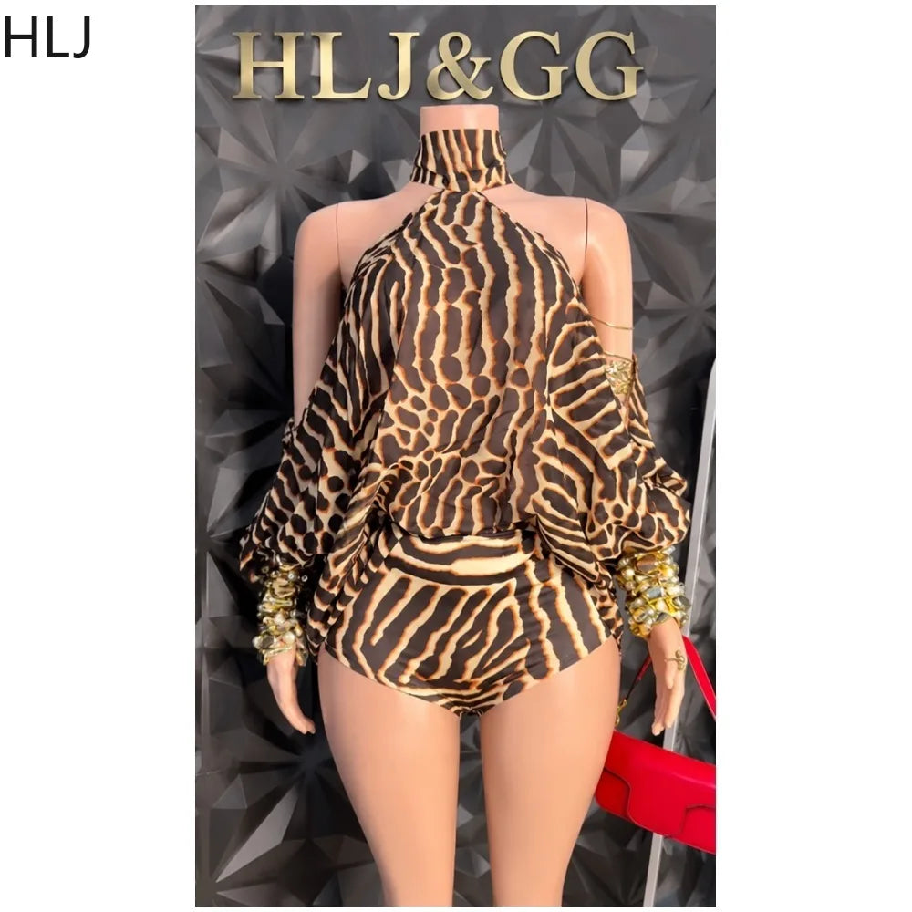 HLJ Women Zebra Print Halter Romper Cold Shoulder Flared Long Sleeve Loose Chiffon Jumpsuit + Shorts Casual Beach Summer Outfits