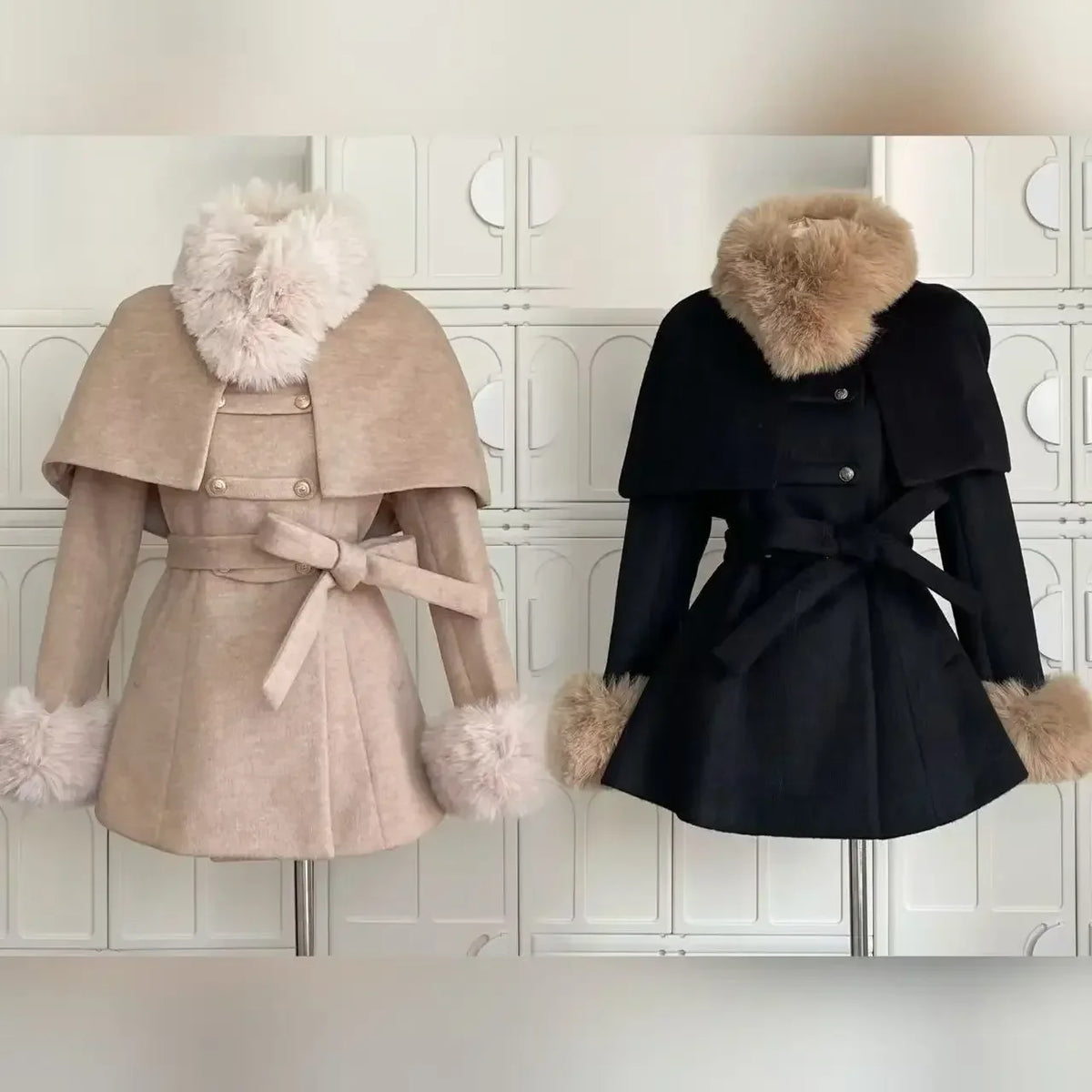 Winter French Vintage Elegant Wool Coat Woman Black Chic Shawl Cloak + Retro Loose Trench Overcoat Female Bandage Design Outfits