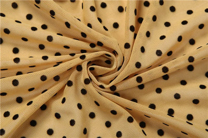 FAGADOER Khaki Polka Dot Bodycon Shorts Romper Women Stand Collar Back Hollow Out Skinny Jumpsuits Mesh See Through Playsuit