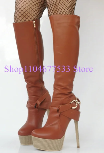 Brown Color Leather Platform Lady Long Boots Fashion Stiletto Heel Knee High Boots Woman Large Size Banquet Shoes