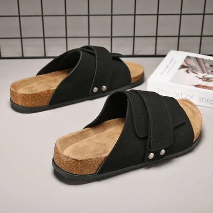 Cork Slippers Men Summer Beach Slides Suede Leather Womens Flat Sandals Fashionable Outdoor Male Mules Non Slip Babouche Femm