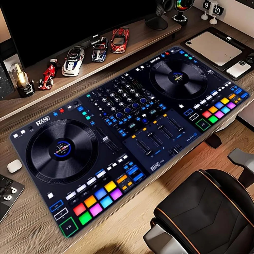 A large mouse pad with a blue DJ table design, in a rectangular shape desk accessories desk organizers and trays tapis de souris