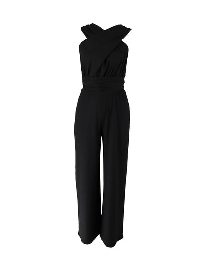 Women's Black Jumpsuit, Deep V Cross Neck, Tie Waist Straight Leg Pants, Elegant Daily Streetwear