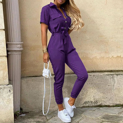 2025 New Women's Jumpsuit Casual Workwear Summer Romper with Print Button-up Lapel Waist Belt Slim Fit One Piece Pants Set Fashi