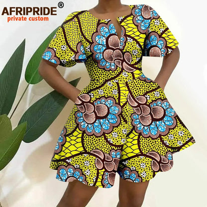 2026 African Clothes for Women Short Sleeve High Waist Print Jumpsuit Casual Cotton Summer Outfits Rompers Playsuits A2329001