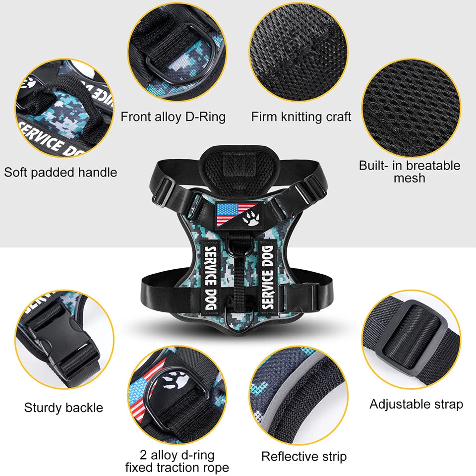 Service Dog Harness, No Pull Reflective Adjustable Pet Vest, Handle & Patches, Breathable Mesh, Easy On-Off for Small Large Dogs
