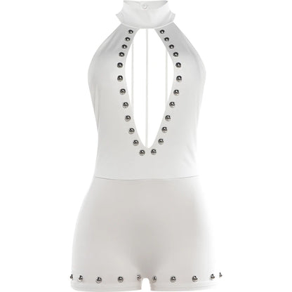 Sisterlinda Hollow Romper Women Hottie Trend Wild Rivet Patchwork Backless Halter Sleeveless Trend Midnight Street Playsuits