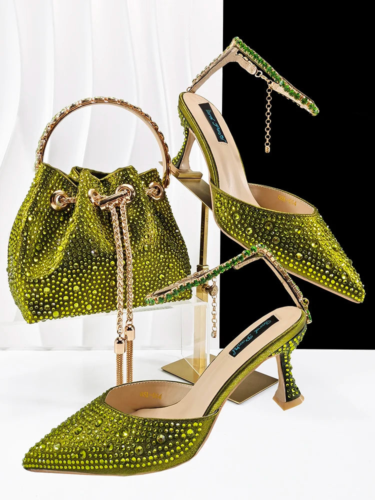 Newest Noble and Elegant Combination Style Colorfulr Rhinestone Design Olive Color Party Wedding Pointed Toe High Heel and Bag