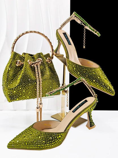 Newest Noble and Elegant Combination Style Colorfulr Rhinestone Design Olive Color Party Wedding Pointed Toe High Heel and Bag