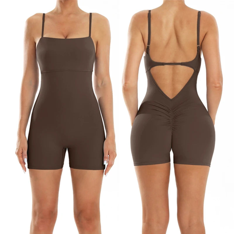 One-Pieces Fitness Overalls Women's Gym Jumpsuits with Shorts Scrunch Butt Sports Rompers High Elastic Backless Workout Clothes