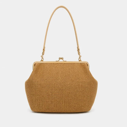 2026 Retro Leather & Straw Woven Bag – Kiss Lock Frame Shell Clutch, Large Capacity Shoulder Tote for Commute Beach Evening