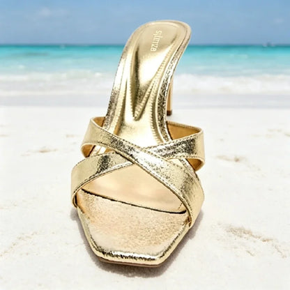 Fashion Gold Cross Tied Stiletto Slingback Sandals for Women Sexy Square Toe Open Toe Slide Sandals Luxury Brand Designer Shoes
