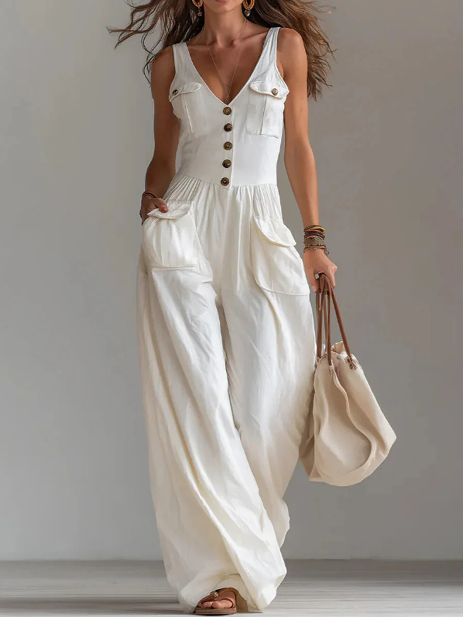 Sleeveless Women's Jumpsuit Featuring V-Neck, Button Decor, Wide-Leg Design and Pockets, Perfect for Casual Summer Beach Outings