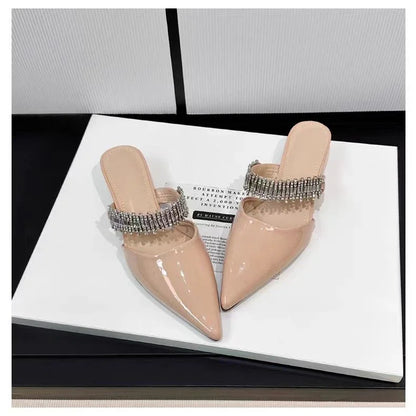 Luxury Crystal Women Slippers Pointed Toe Mules Shoes Elegant Heeled Sandals New Party Slingabck Flip Flops Elegant Mujer Shoes