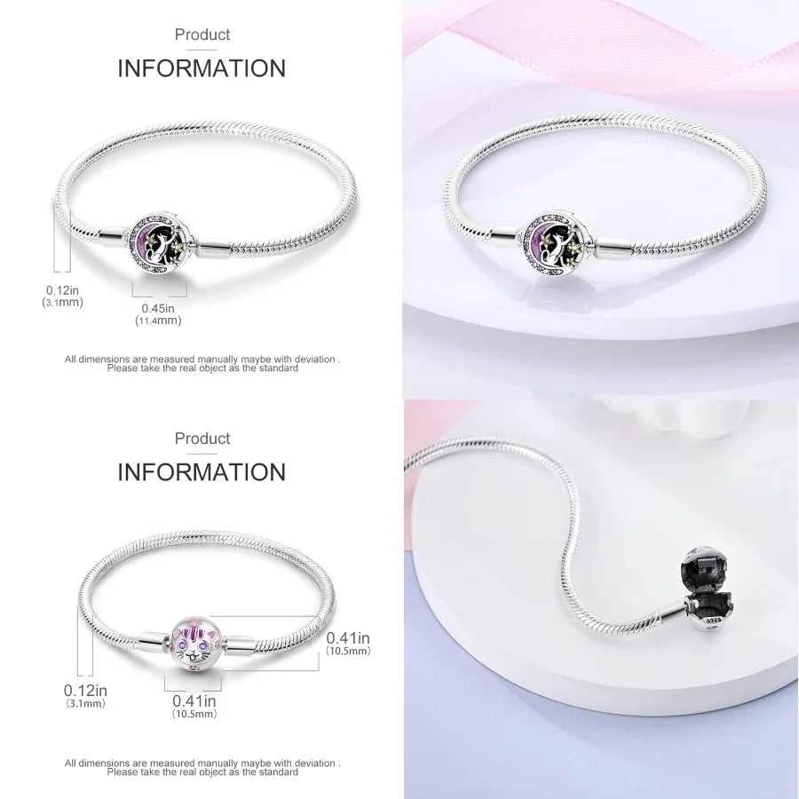 Silver 925 Bracelet Original Bracelets Colorful Zircon Heart Flower Cat Snake Chain For DIY Charms 17-20CM Luxury Jewelry Gifts