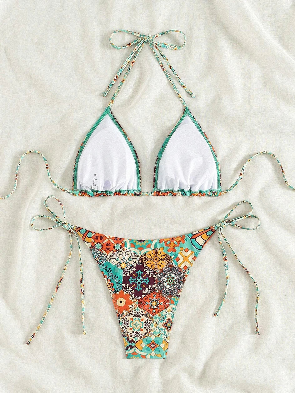 Swimsuit 2026 Female Micro Bikini Women Swimwear Summer Beachwear Women's Bathing Suit Floral Print Neck Halter Thong Bikini Set