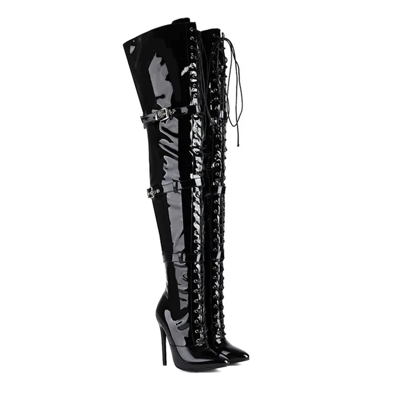 Sgesvier 2025 Jazz Dance High Heels Sexy Women Over the Knee Boots Female Knight Boots Pointed Zipper Pu Thin Heel 12CM Big Size