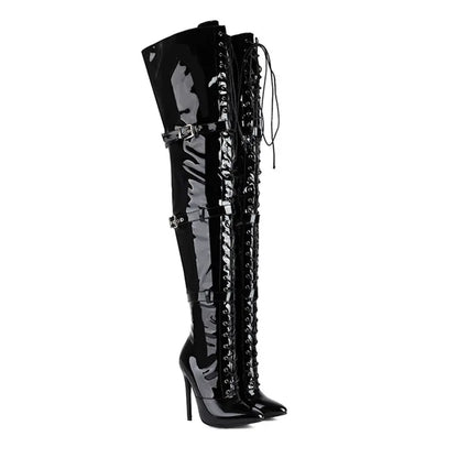 Sgesvier 2025 Jazz Dance High Heels Sexy Women Over the Knee Boots Female Knight Boots Pointed Zipper Pu Thin Heel 12CM Big Size