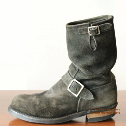 Dark Green Suede Men's Boots Thick Heeled Buckle Strap Motorcycle Boots Knight Boots British Style Trendy Handmade Men's Boots