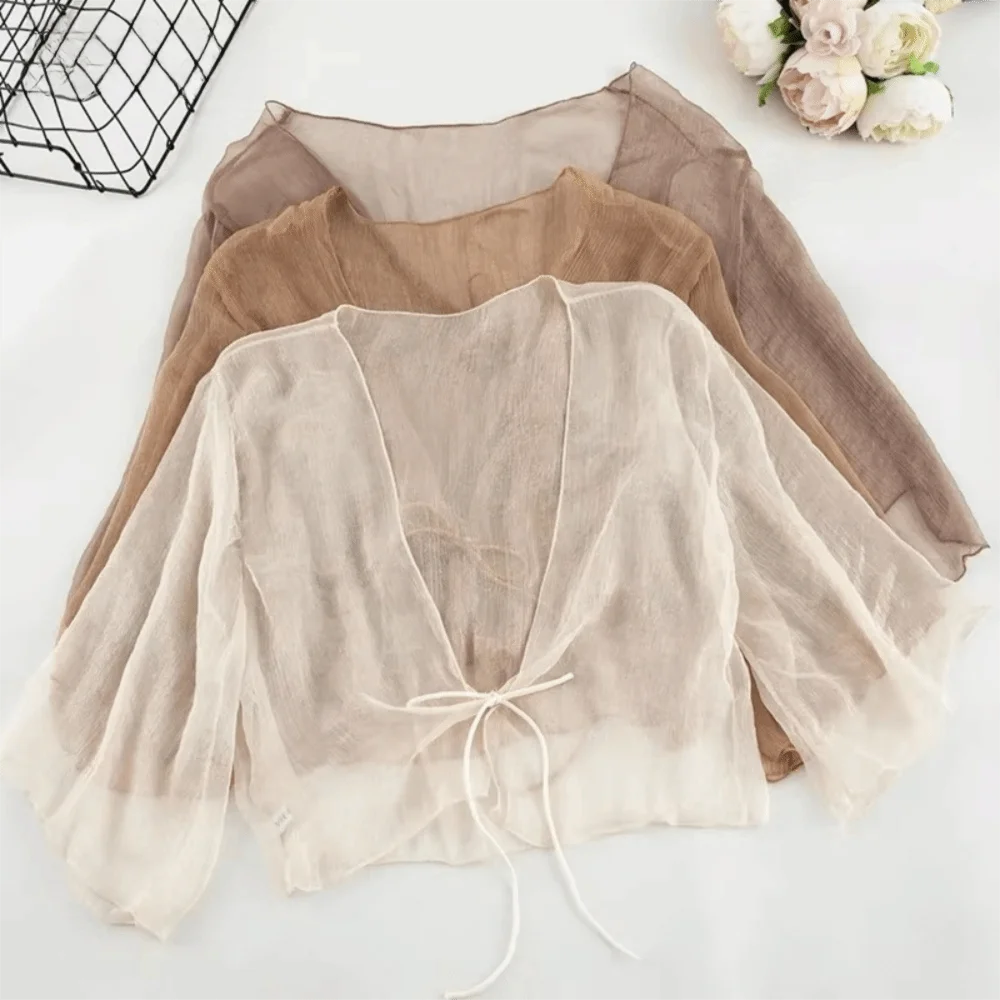 Casual Crinkle Women Cardigan Loose Chiffon Short Shawl See Through Transparent Thin Section Top Small Jacket