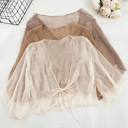 Casual Crinkle Women Cardigan Loose Chiffon Short Shawl See Through Transparent Thin Section Top Small Jacket