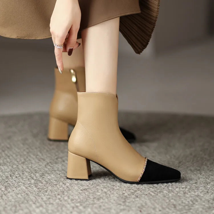 LeShion Of Chanmeb Natural Genuine Leather Boots Luxury Brand Designer Mix-color Kid Suede Ankle Boot Ladies Autumn Winter Shoes