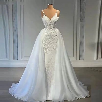 Luxurious Wedding Dresses Mermaid 2026 for Bride Strapless Beaded Lace 2 In 1 with Detachable Overskirts Bridal Gown Customized