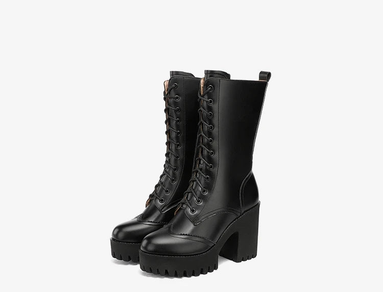 10cm Small Size 32-43 Fall Winter Genuine Leather Boots Platform Shoes 2026 Womens Block High Heels Mid Leg Boots Office Model