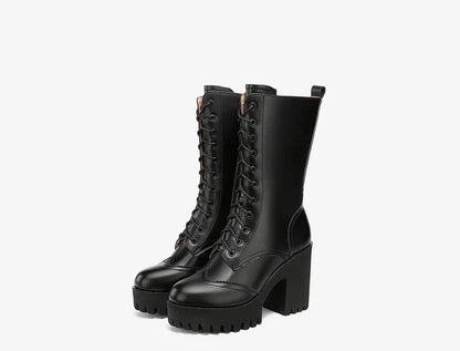 10cm Small Size 32-43 Fall Winter Genuine Leather Boots Platform Shoes 2026 Womens Block High Heels Mid Leg Boots Office Model