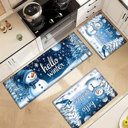 VIKAMA Snowman Forest Bird Snowflake Kitchen Rugs Set Anti Slip Washable Runner for Winter Holiday Kitchen Floor Decor