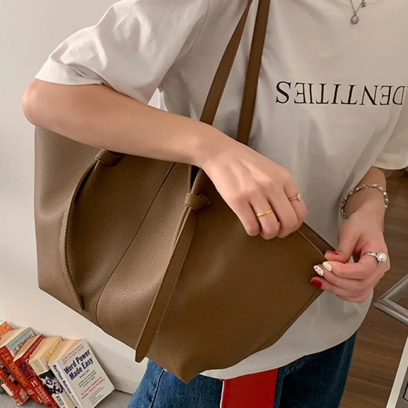 Luxury Designer Women's Soft PU Leather 2-in-1 Shoulder Tote Bag Set Big Capacity Branded Shopper Handbags Gray Blue PinkTan