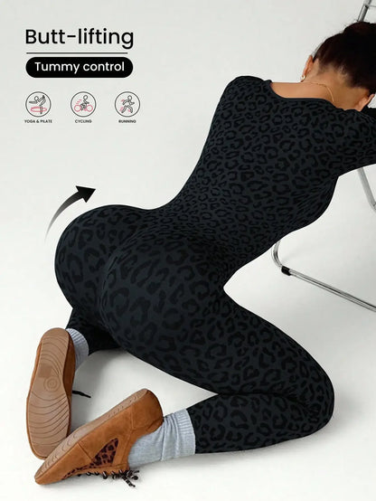 Women Leopard Print Tight Jumpsuit Slimming Hip Hugging Long Sleeve U Collar Stretchy
