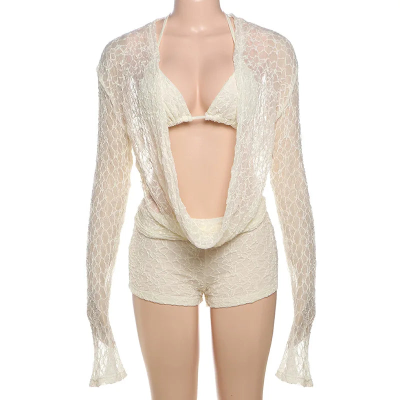 Cryptographic Fashion Halter Draped 3 Piece Sets Beach Outfits Hollow Out Lace Up Bikini Shorts Long Sleeve Co-ords Sets Suits