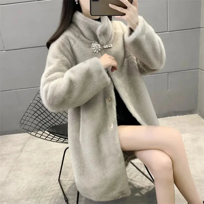 Mink Fleece Coat Medium Long Fur One Piece Coat Gold Mink Fleece Coat 2026 Winter New Standing Collar Fur Coat Solid Commuter B1