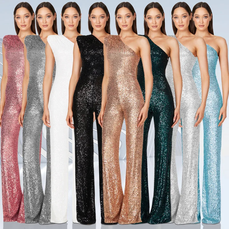 Women Elegant Long Jumpsuits Slanted Collar Party 2026 Sexy Glitter Sequin Club Playsuits Fashion Backless Solid Romper