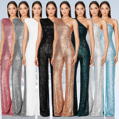 Women Elegant Long Jumpsuits Slanted Collar Party 2026 Sexy Glitter Sequin Club Playsuits Fashion Backless Solid Romper