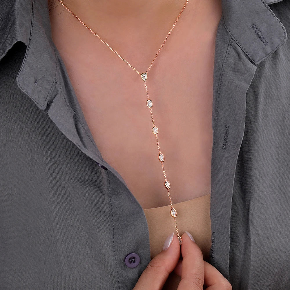 Bezel Set Long Tassel Y Shape Moissanite Necklace 925 Sterling Silver Multi Stone Necklace for Women 925 Sterling Silver Jewelry