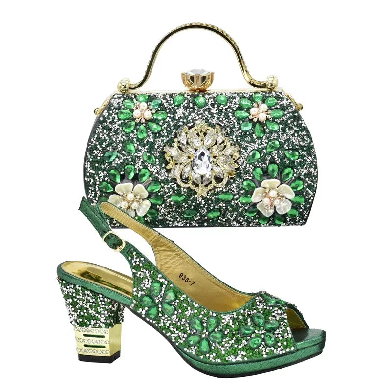 Nigerian Shoes and Matching Bags Sales in Women Matching Shoes and Bag Set for Party Rhinestone Wedding Shoes for Women Bride