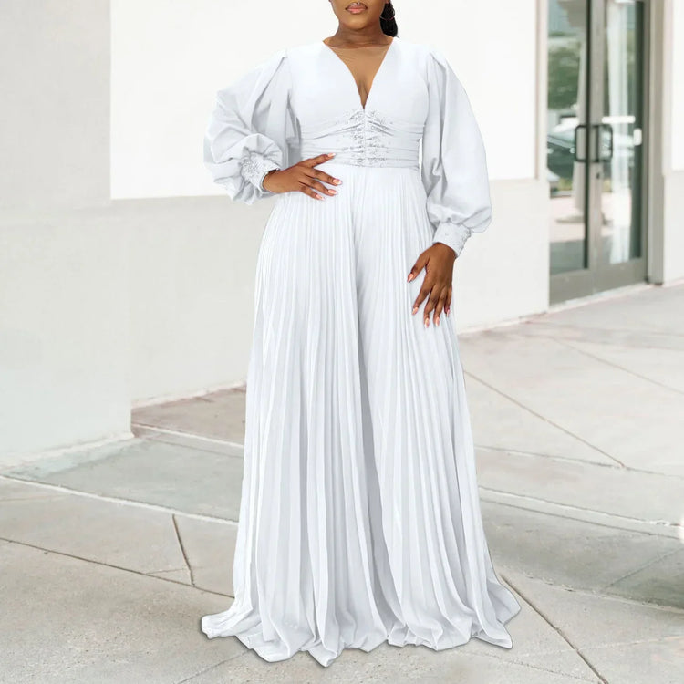 CM.YAYA Women Diamonds Long Sleeve Pleated V-neck Wide Leg Long Jumpsuits Party Beach Fashion Street Sexy Africa Outfit Rompers