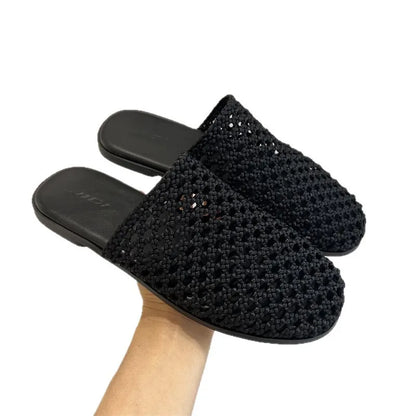 2026 Summer New Woven Flat Sandals Brathable Cover toe Slippers for Casual Outwear Women Hollow-out Casual Knitting Slides