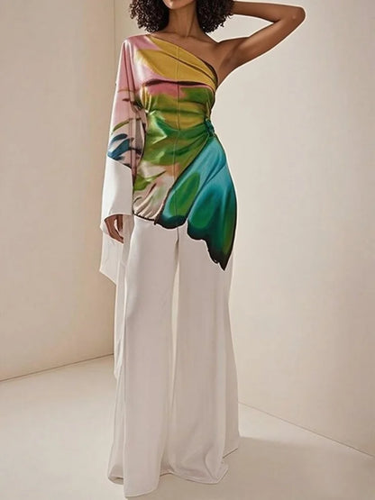 Onecozyday Women's Asymmetric One Shoulder Printed Jumpsuit 2026 Summer Elegant Loose Fit Floor length Formal One-piece Suit