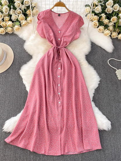 Summer Women Polka Dot Long Dress Vintage V-Neck Flying Sleeve High Waist Single Breasted A-Line Casual Vestidos Female Robe New