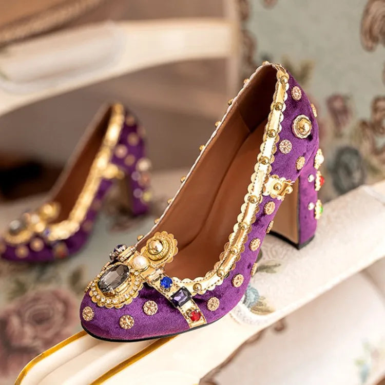 Purple Velvets Women Shallow Pumps Round Toe Crystal Gold Decorations Chunky High Heels 10cm Wine Red Prom Party Creepers Sapato