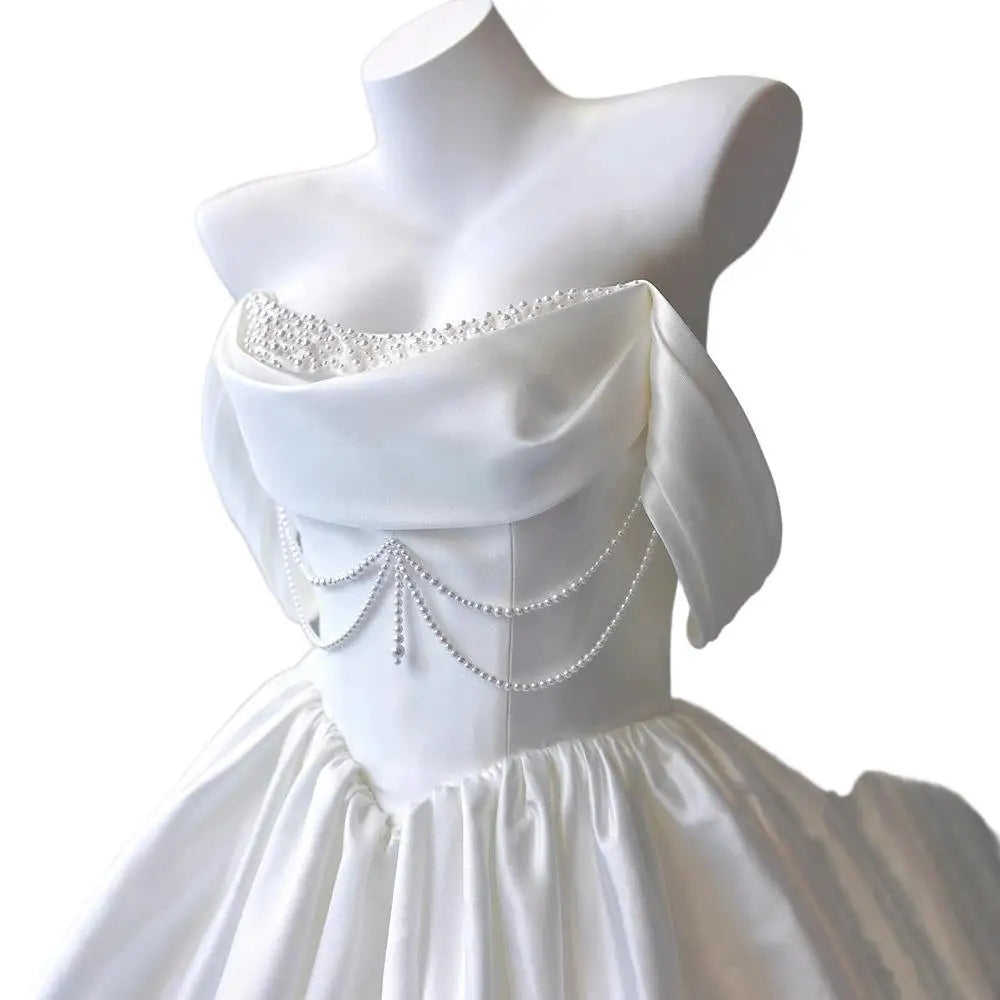Korea Mini Short Wedding Party Dresses Wedding Photoshoot Strapless Beaded Taffeta Bolero Bride Gowns Corset Back Customized