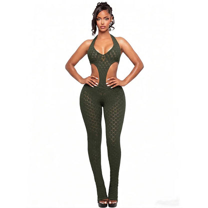 FAGADOER Sexy Lace Hollow-out Patchwork Bodycon Jumpsuits Woman Halter See Through Backless Rompers Female Streetwear Overalls