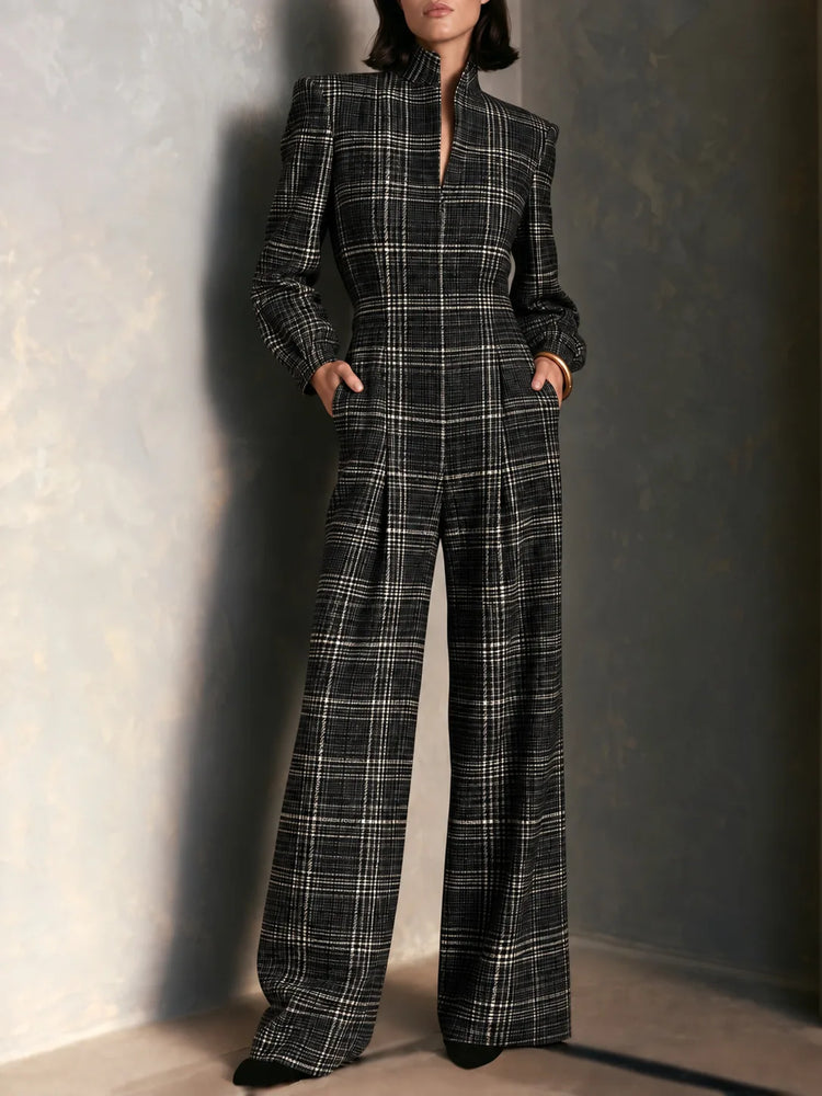 Temperament Plaid Printed Jumpsuit For Women Spring Autumn Fashion High Waist Wide Leg Romper Ladies Casual Jumpsuit With Pocket