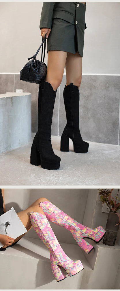 Super Waterproof Platform Strange Chunky Heel Graffiti Women's Boots Plush Inner Zipper Flock Material Knee Boots Plus Size