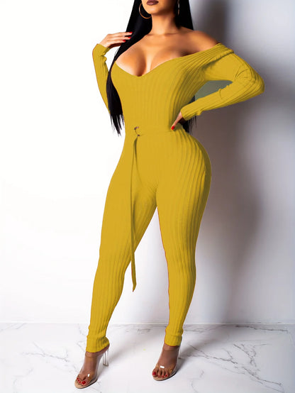 Women Jumpsuits Rompers Ribbed Knitting Skinny Sexy Deep V Neck Long Sleeve Casual Playsuits Club Overalls With Belt