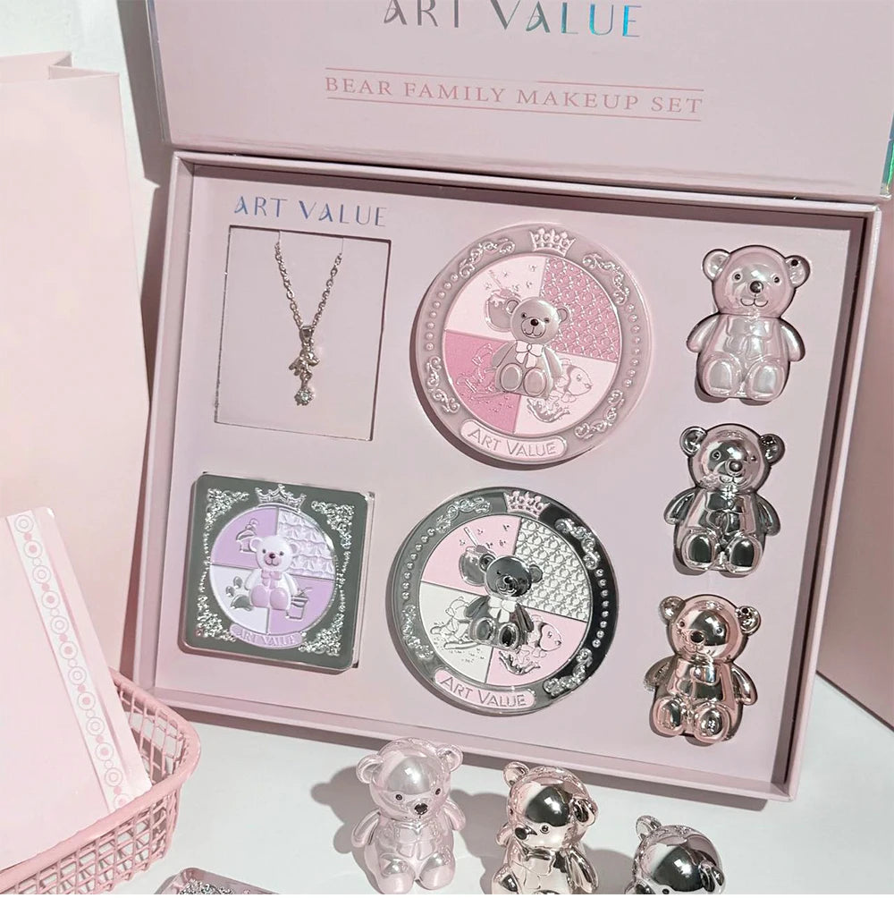 ART VALUE 7PCs Multipurpose Makeup Sets Include 3 Matte Lip Mud,1 Pressed Powder,1 Blush,1 Eyes Palette And Necklace Cosmetics