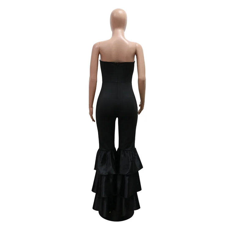 Jumpsuits Strapless Women Sleeveless Sexy Rompers One Piece Overalls Slim Fit Long Pant Ruffles Patchwork Elegant Lady